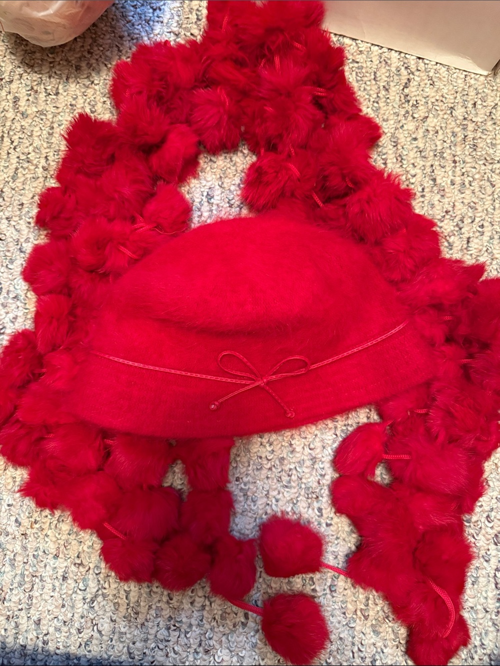 Red Bucket Hat and Pom-Pom Scarf Set